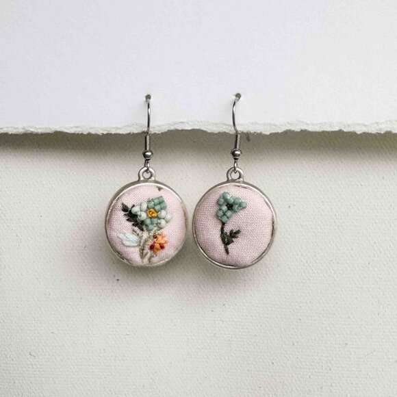 Handmade Pink and Blue Embroidered Floral Drop Earrings - Picture 10 of 13